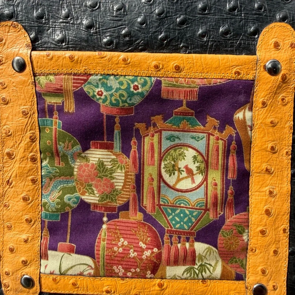 Dukes Designs Black Ostrich Embossed Bamboo Handle Handbag Asian Lantern Print